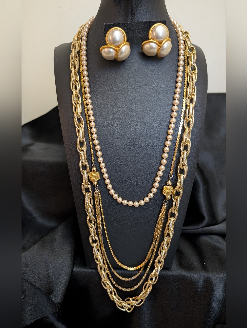 "The Look" Vintage Gold and Pearl Layered Necklace Set & Pearl Cluster Earrings